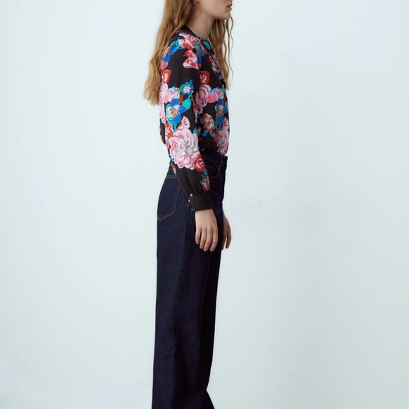 Zara black pink floral blouse shirt top S SM Small - Picture 14 of 16